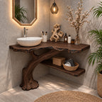Curved Trunk Corner Bathroom Vanity 20-46 Inch, Live Edge Top with a Lower Storage Shelf