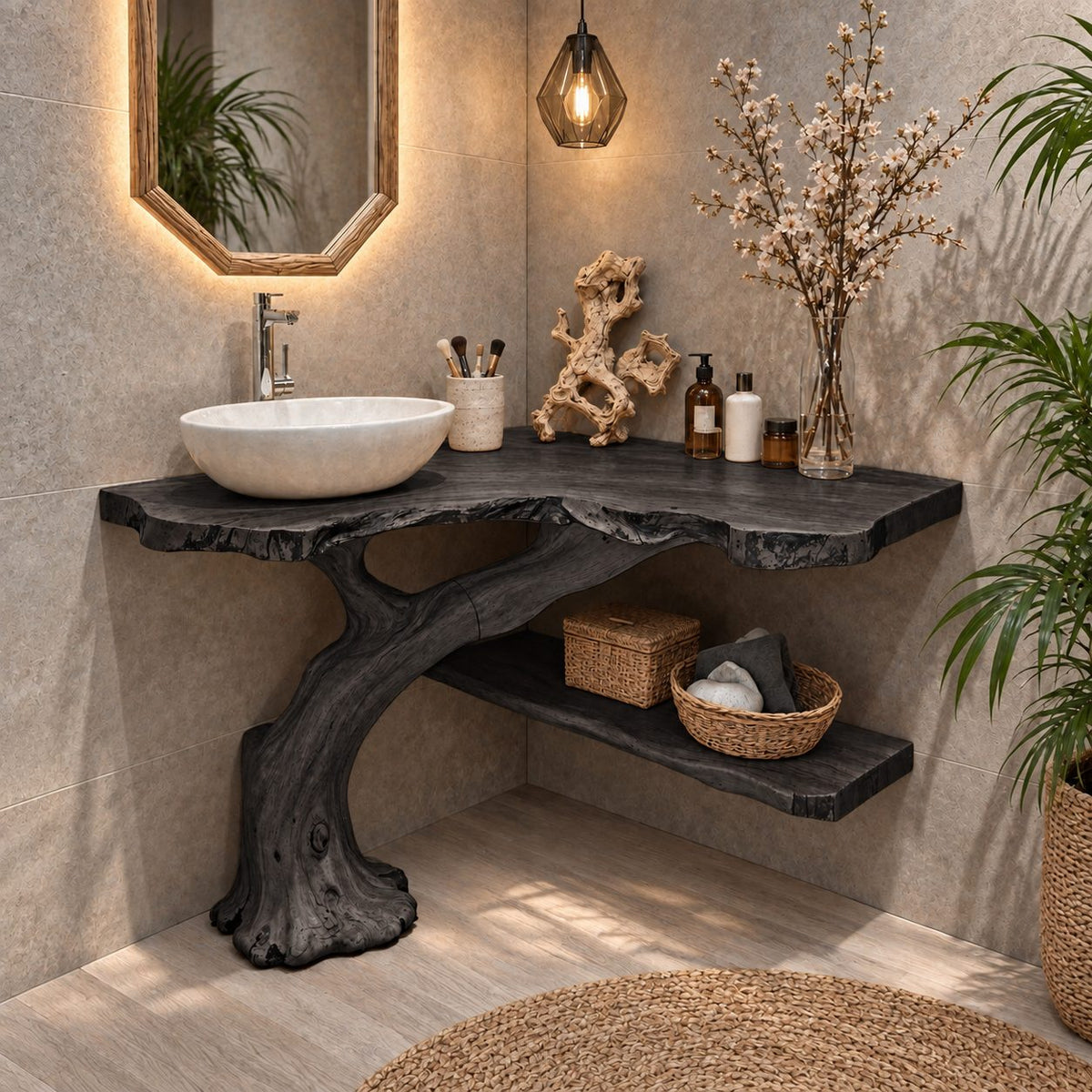 Curved Trunk Corner Bathroom Vanity 20-46 Inch, Live Edge Top with a Lower Storage Shelf