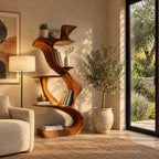 Sculptural Bookshelf with Twisting S Curve Spine, Narrow Freestanding Wood Display Shelf