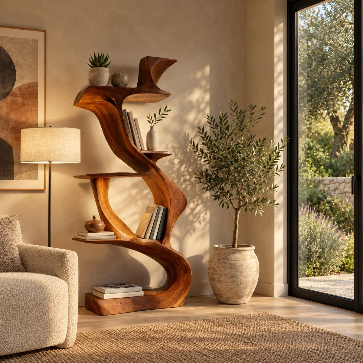 Sculptural Bookshelf with Twisting S Curve Spine, Narrow Freestanding Wood Display Shelf