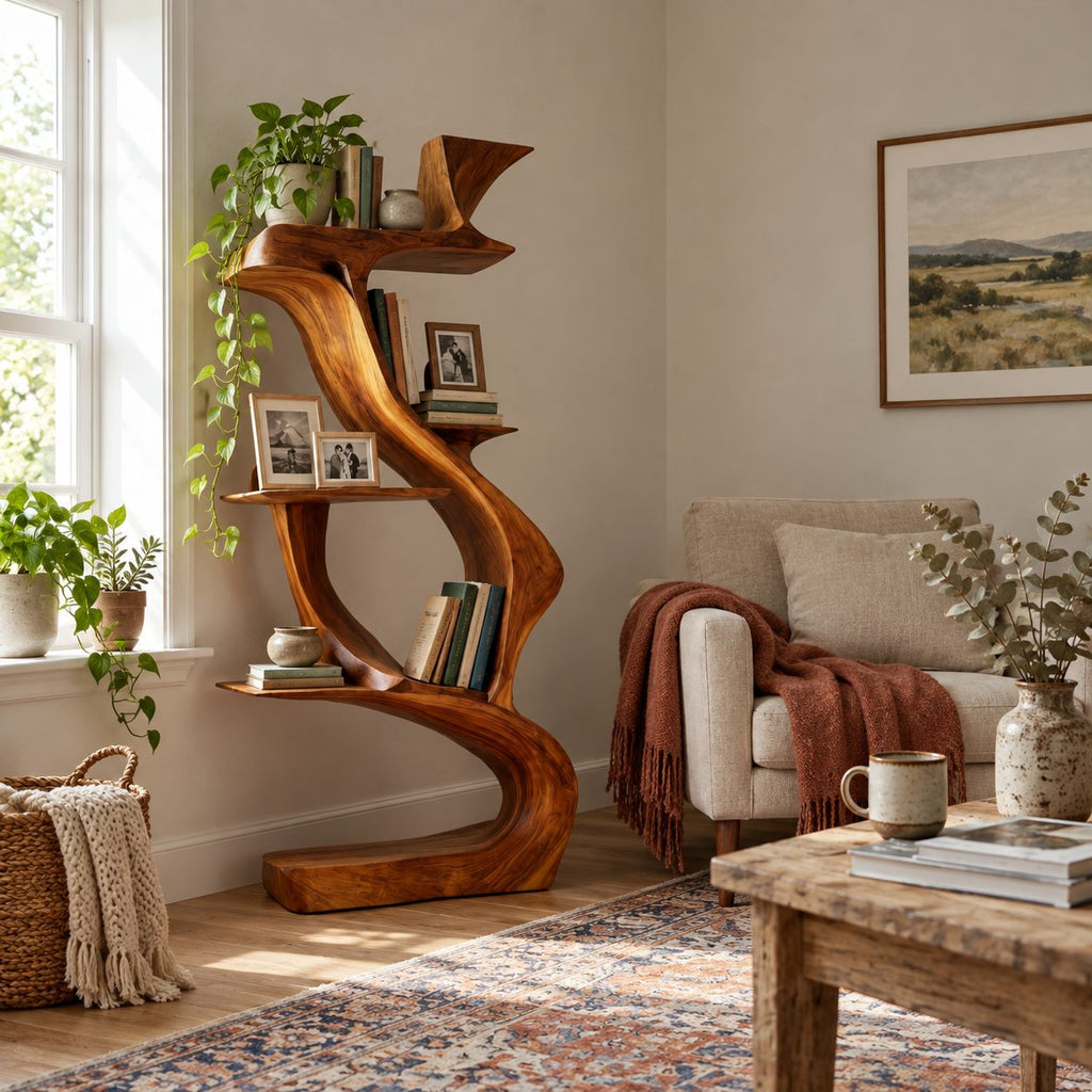 Sculptural Bookshelf with Twisting S Curve Spine, Narrow Freestanding Wood Display Shelf
