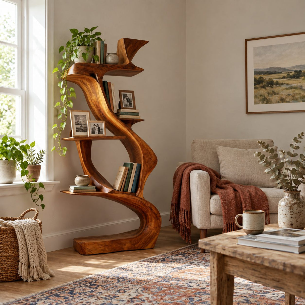 Sculptural Bookshelf with Twisting S Curve Spine, Narrow Freestanding Wood Display Shelf