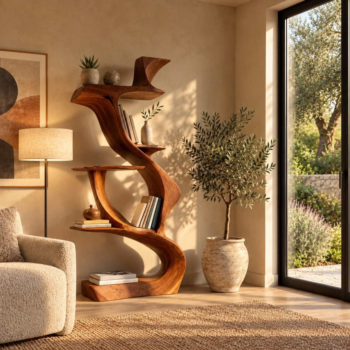 Sculptural Bookshelf with Twisting S Curve Spine, Narrow Freestanding Wood Display Shelf