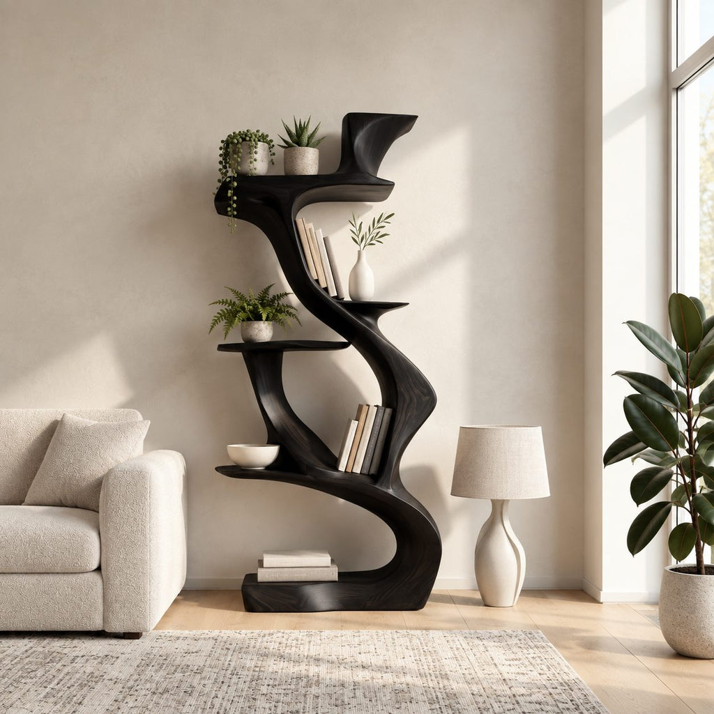 Sculptural Bookshelf with Twisting S Curve Spine, Narrow Freestanding Wood Display Shelf