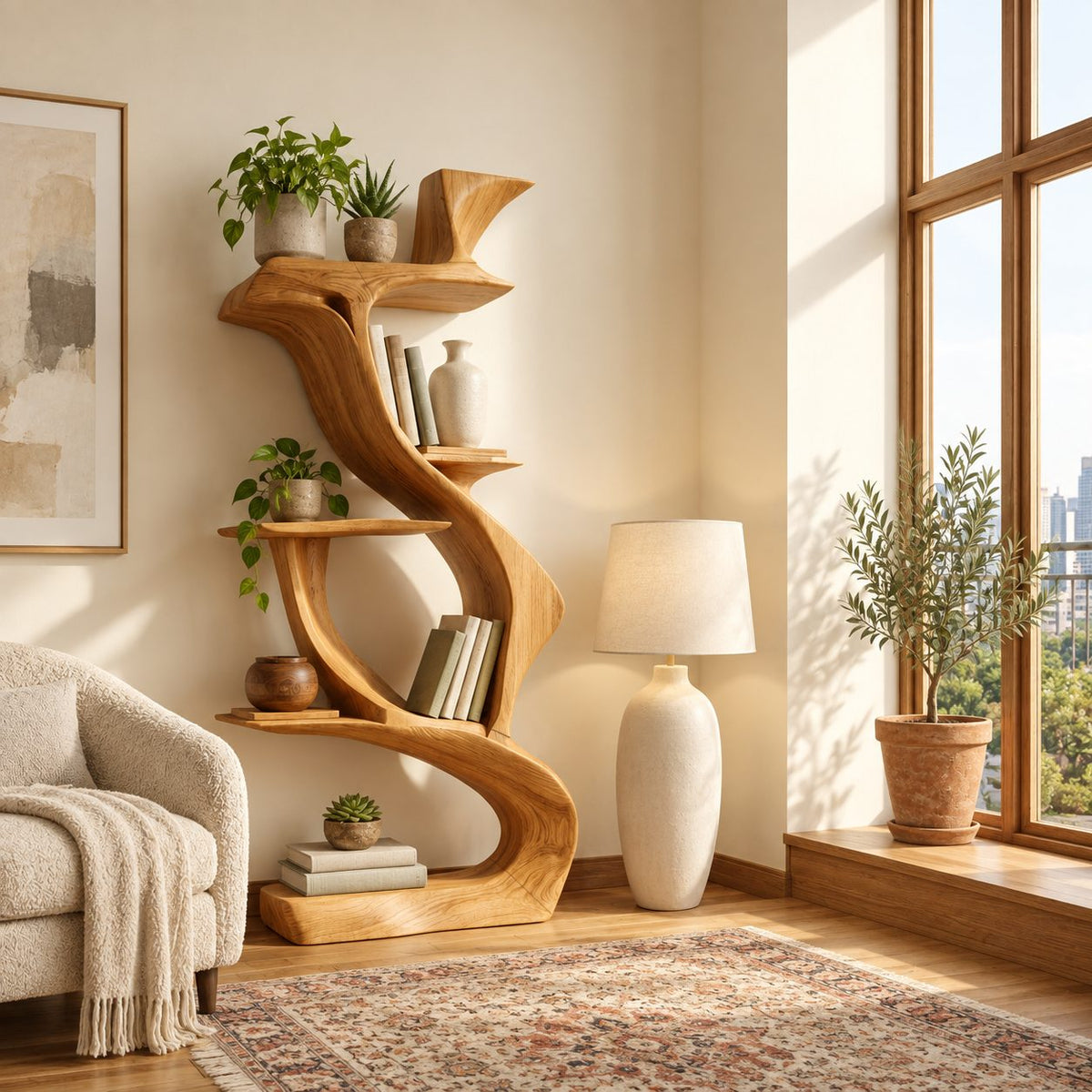 Sculptural Bookshelf with Twisting S Curve Spine, Narrow Freestanding Wood Display Shelf