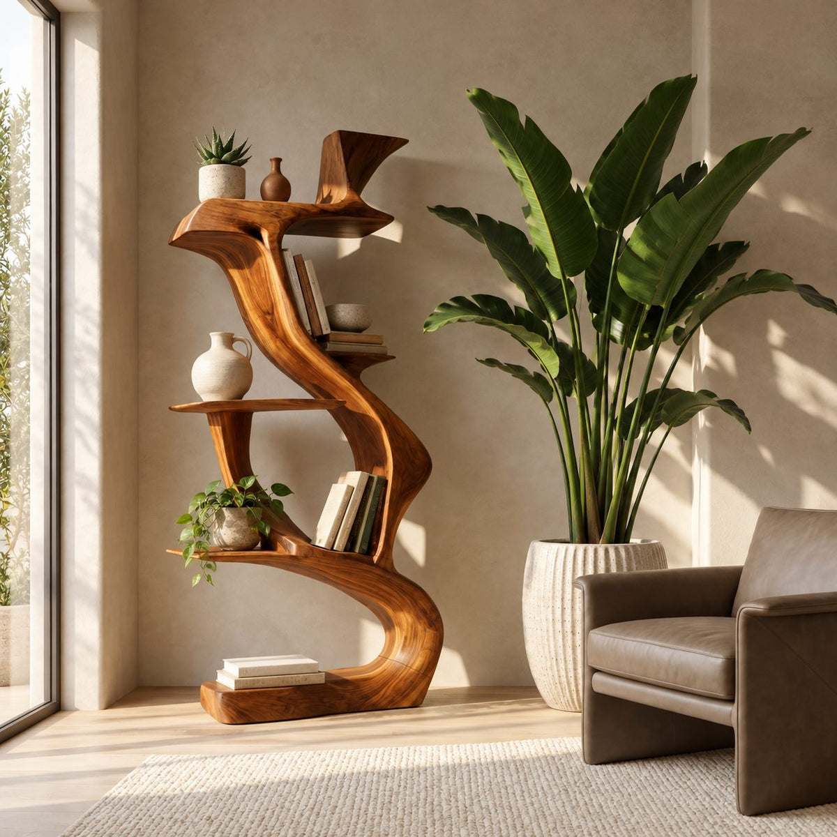 Sculptural Bookshelf with Twisting S Curve Spine, Narrow Freestanding Wood Display Shelf