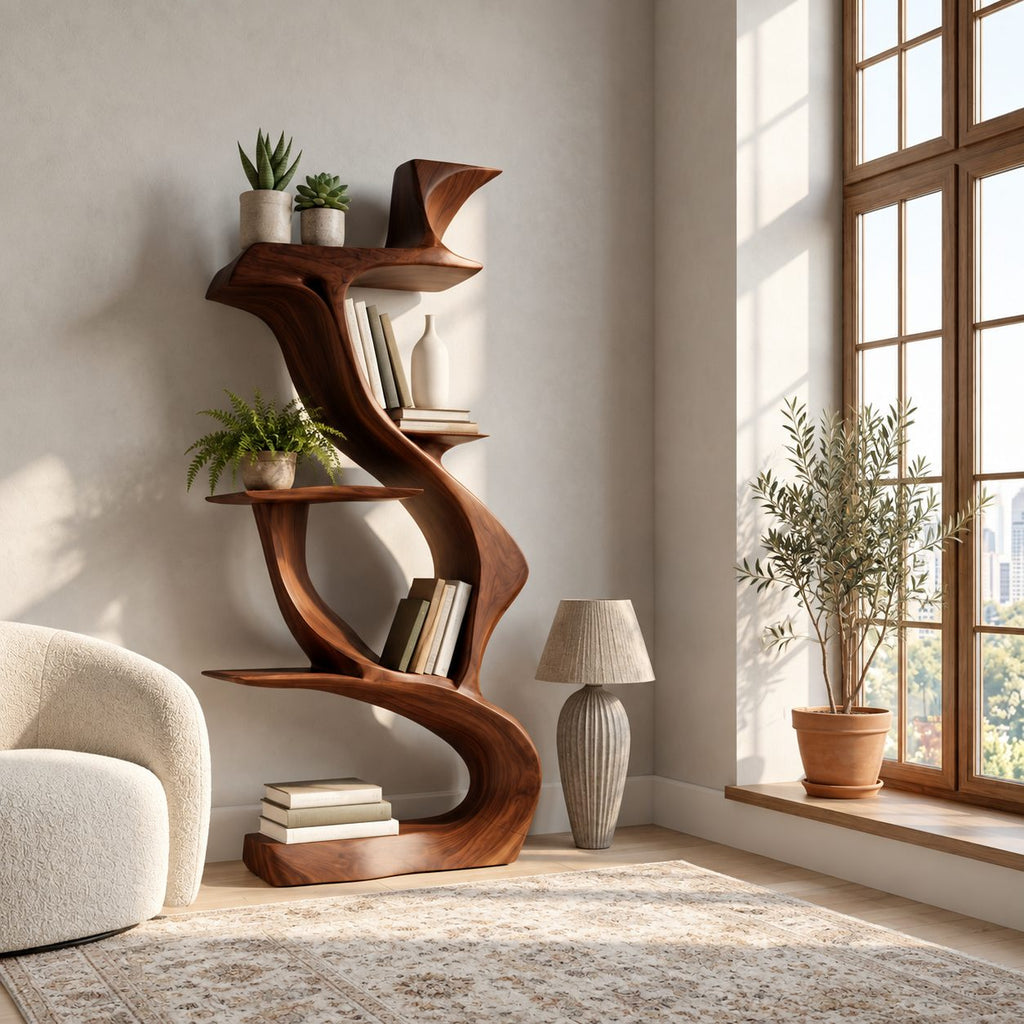 Sculptural Bookshelf with Twisting S Curve Spine, Narrow Freestanding Wood Display Shelf