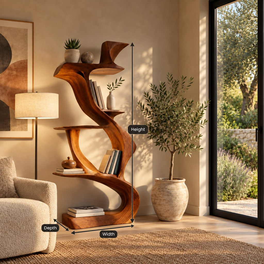 Sculptural Bookshelf with Twisting S Curve Spine, Narrow Freestanding Wood Display Shelf