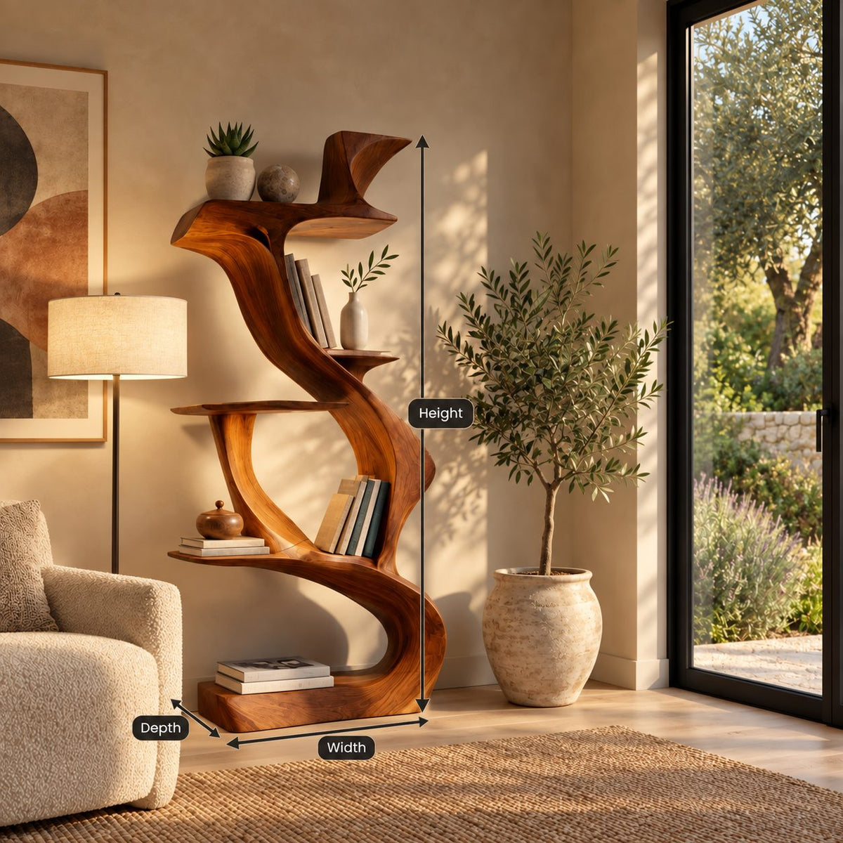 Sculptural Bookshelf with Twisting S Curve Spine, Narrow Freestanding Wood Display Shelf