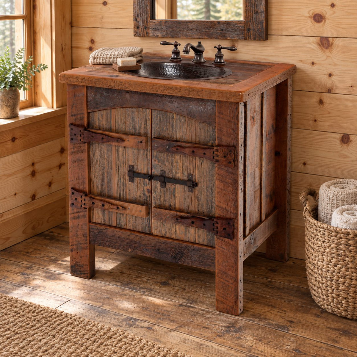 Barn Door Bathroom Vanity 24-36 Inch, Rustic Plank Cabinet with Arched Doors and Strap Hinges