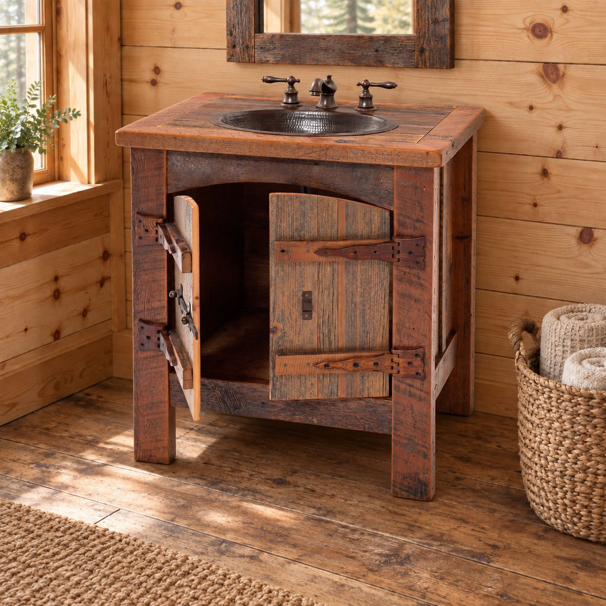 Barn Door Bathroom Vanity 24-36 Inch, Rustic Plank Cabinet with Arched Doors and Strap Hinges