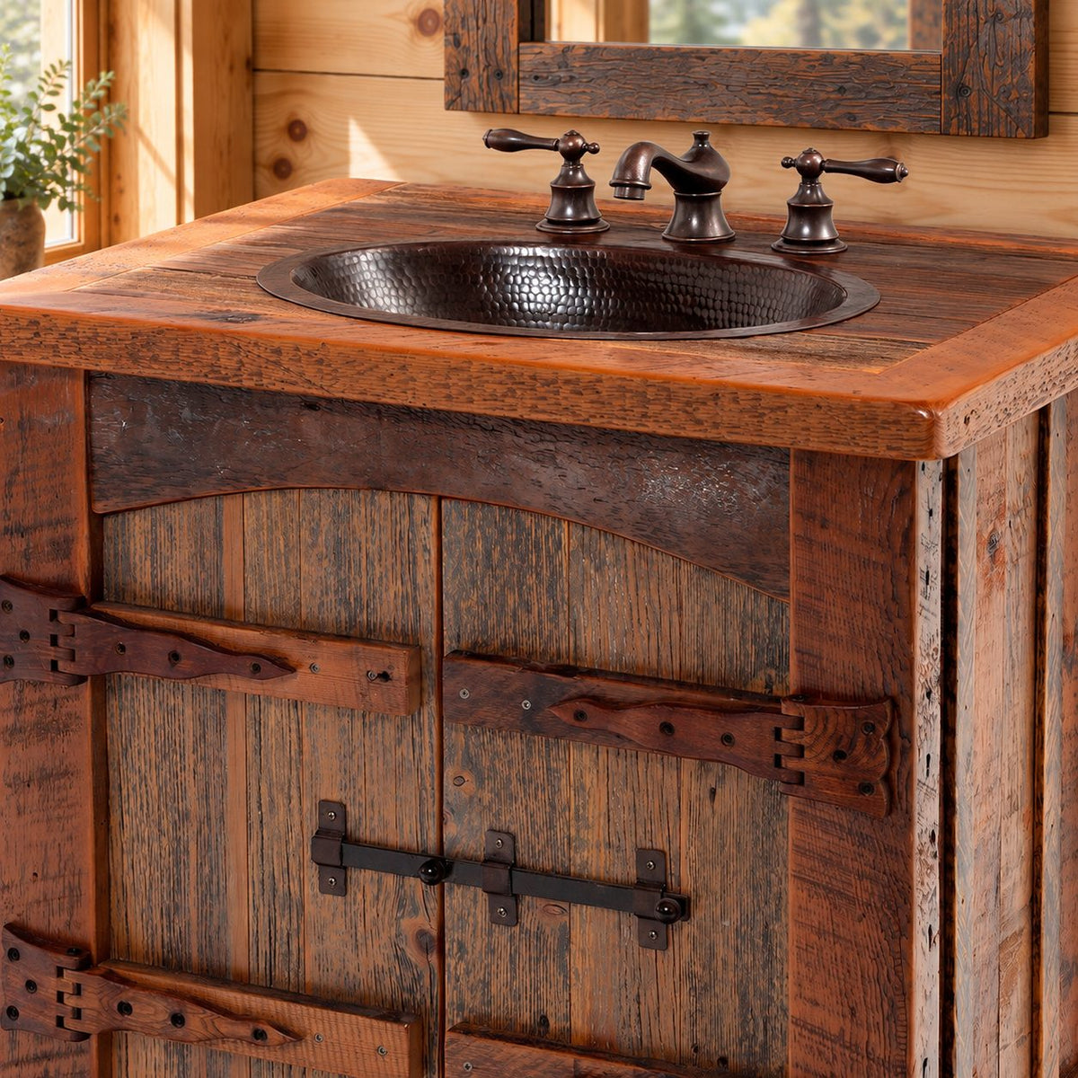 Barn Door Bathroom Vanity 24-36 Inch, Rustic Plank Cabinet with Arched Doors and Strap Hinges