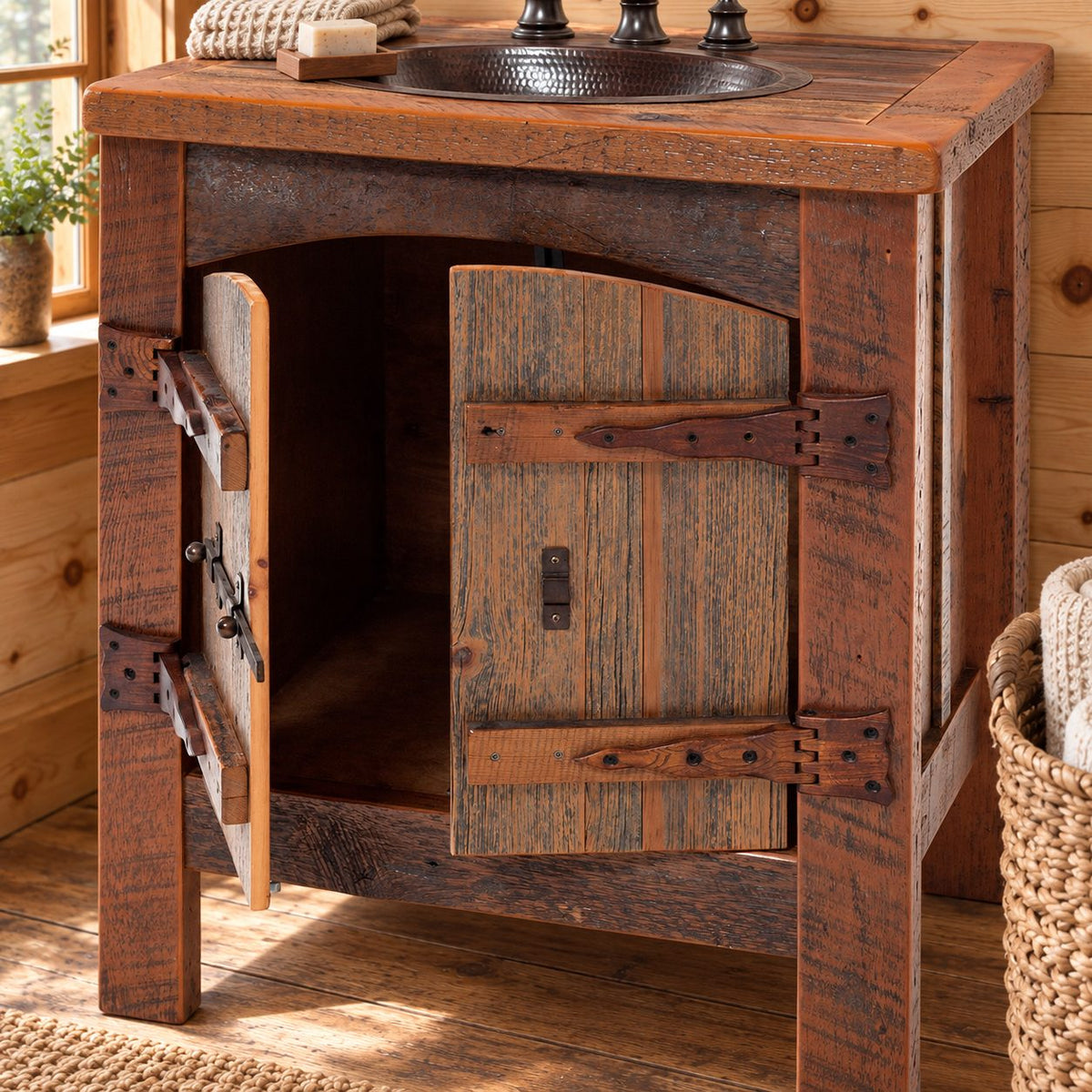 Barn Door Bathroom Vanity 24-36 Inch, Rustic Plank Cabinet with Arched Doors and Strap Hinges
