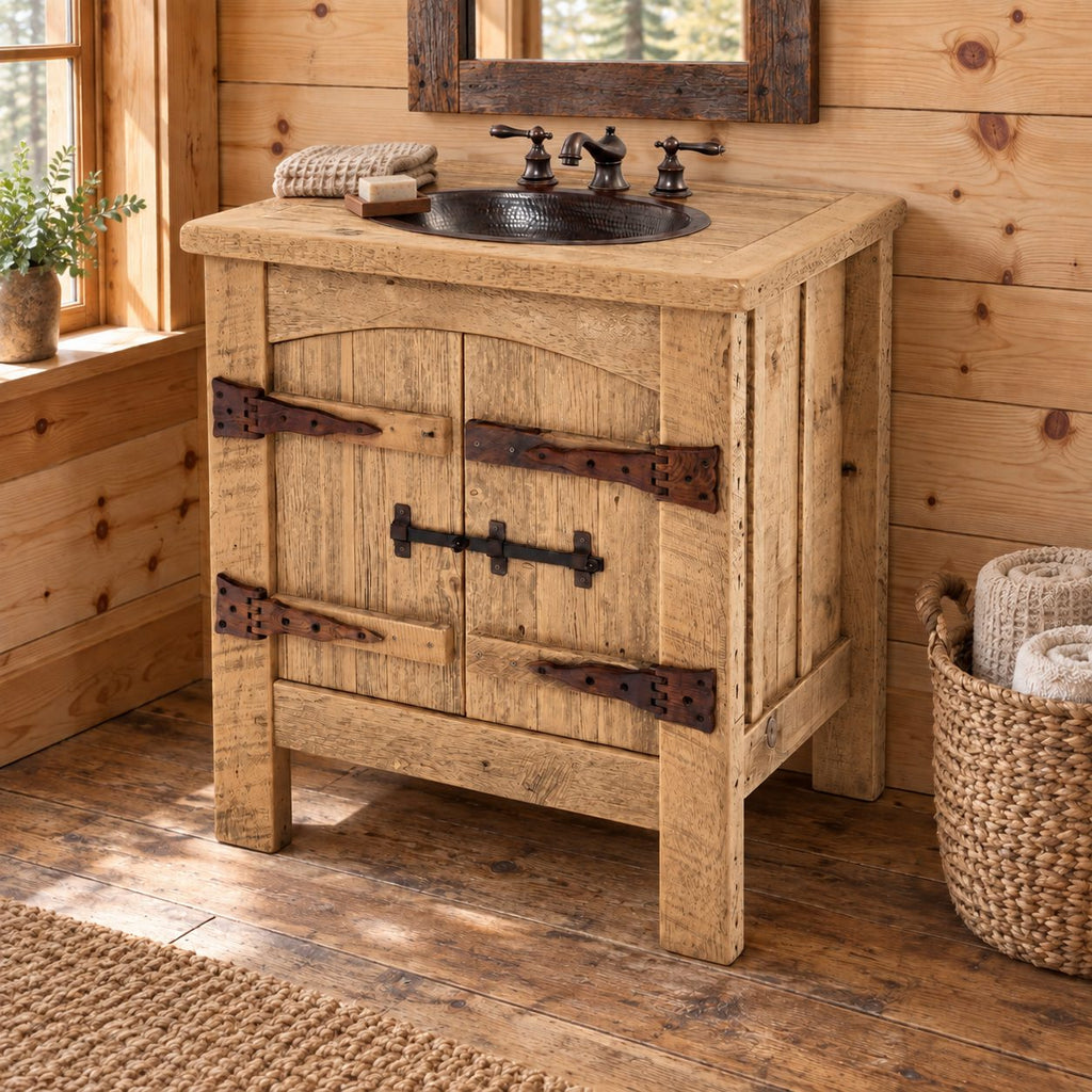 Barn Door Bathroom Vanity 24-36 Inch, Rustic Plank Cabinet with Arched Doors and Strap Hinges