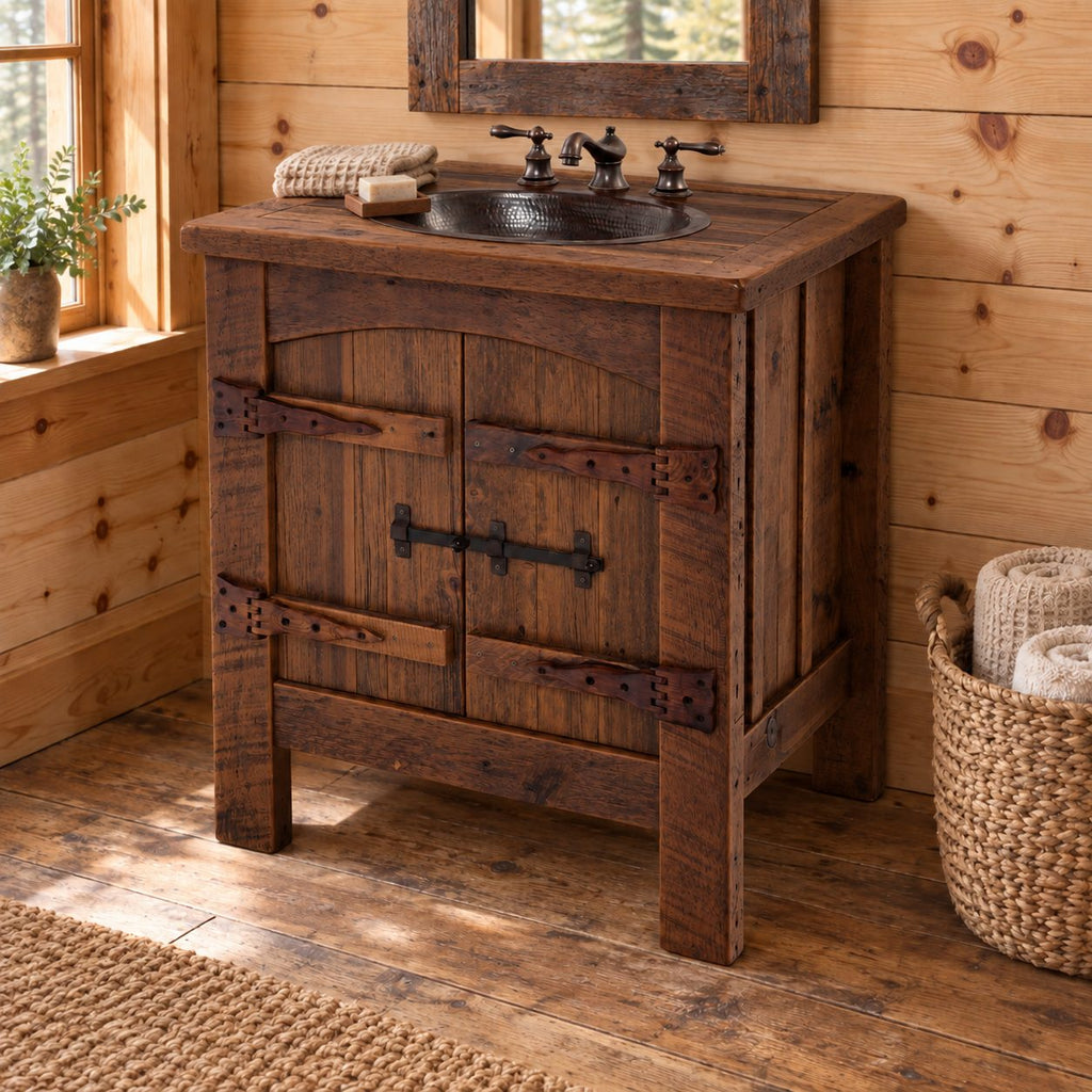Barn Door Bathroom Vanity 24-36 Inch, Rustic Plank Cabinet with Arched Doors and Strap Hinges