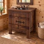 Barn Door Bathroom Vanity 24-36 Inch, Rustic Plank Cabinet with Arched Doors and Strap Hinges
