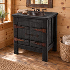 Barn Door Bathroom Vanity 24-36 Inch, Rustic Plank Cabinet with Arched Doors and Strap Hinges