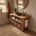 Open Shelf Bathroom Vanity 24-36 Inch, Live Edge Top Console with Basket Shelf and Side Towel Bar