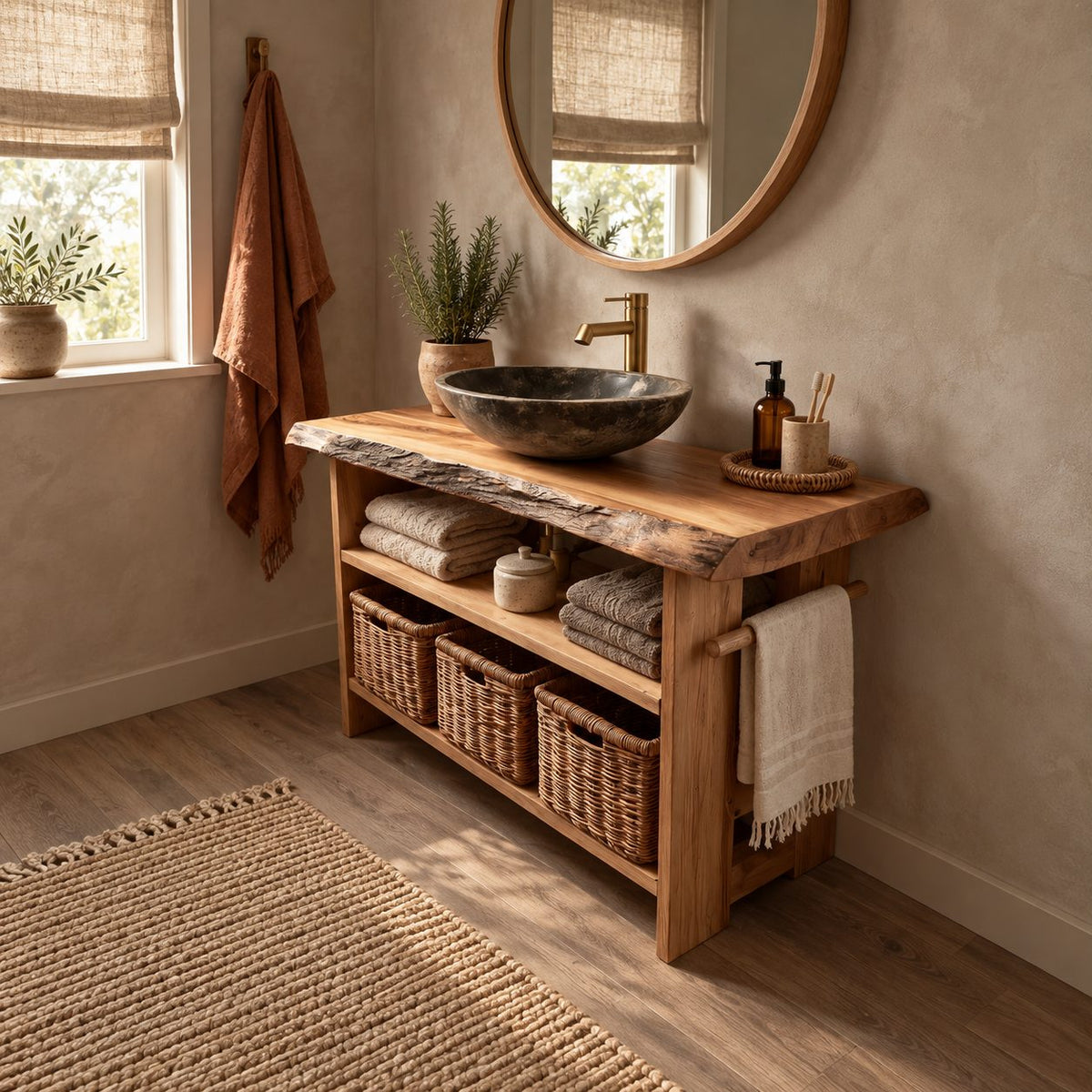 Open Shelf Bathroom Vanity 24-36 Inch, Live Edge Top Console with Basket Shelf and Side Towel Bar