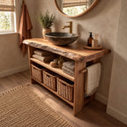 Open Shelf Bathroom Vanity 24-36 Inch, Live Edge Top Console with Basket Shelf and Side Towel Bar