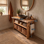 Open Shelf Bathroom Vanity 24-36 Inch, Live Edge Top Console with Basket Shelf and Side Towel Bar