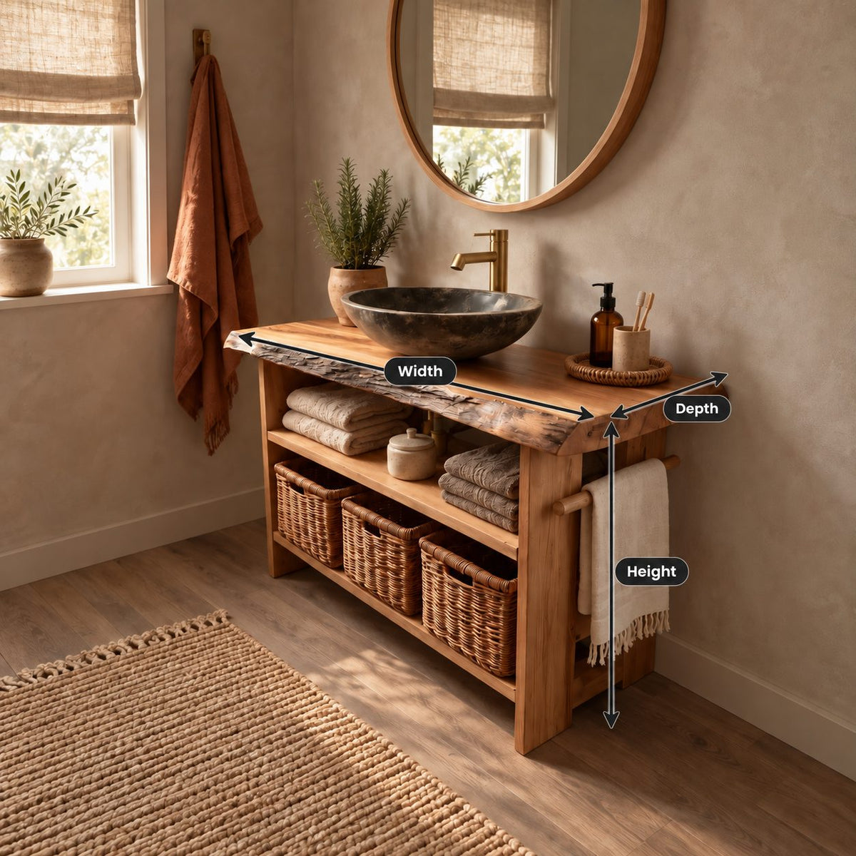 Open Shelf Bathroom Vanity 24-36 Inch, Live Edge Top Console with Basket Shelf and Side Towel Bar