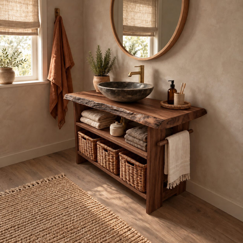 Open Shelf Bathroom Vanity 24-36 Inch, Live Edge Top Console with Basket Shelf and Side Towel Bar
