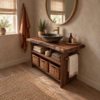 Open Shelf Bathroom Vanity 24-36 Inch, Live Edge Top Console with Basket Shelf and Side Towel Bar