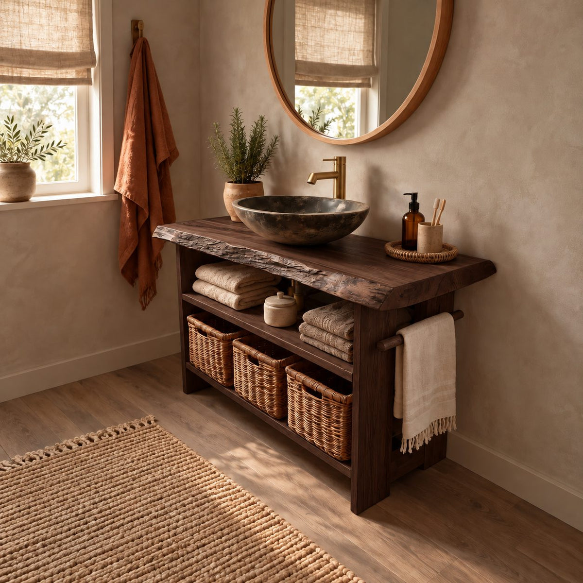 Open Shelf Bathroom Vanity 24-36 Inch, Live Edge Top Console with Basket Shelf and Side Towel Bar