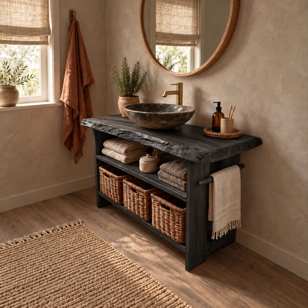 Open Shelf Bathroom Vanity 24-36 Inch, Live Edge Top Console with Basket Shelf and Side Towel Bar