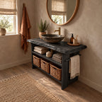 Open Shelf Bathroom Vanity 24-36 Inch, Live Edge Top Console with Basket Shelf and Side Towel Bar