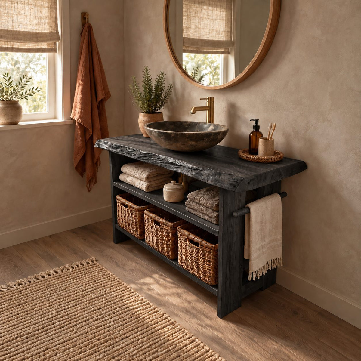 Open Shelf Bathroom Vanity 24-36 Inch, Live Edge Top Console with Basket Shelf and Side Towel Bar