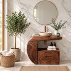 Curved Wrap Bathroom Vanity 24-48 Inch, Sculpted Solid Wood Console with Drawer Cabinet and Open Niche