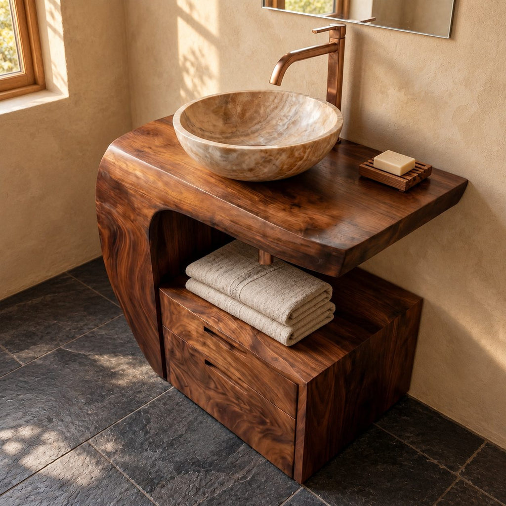 Curved Wrap Bathroom Vanity 24-48 Inch, Sculpted Solid Wood Console with Drawer Cabinet and Open Niche