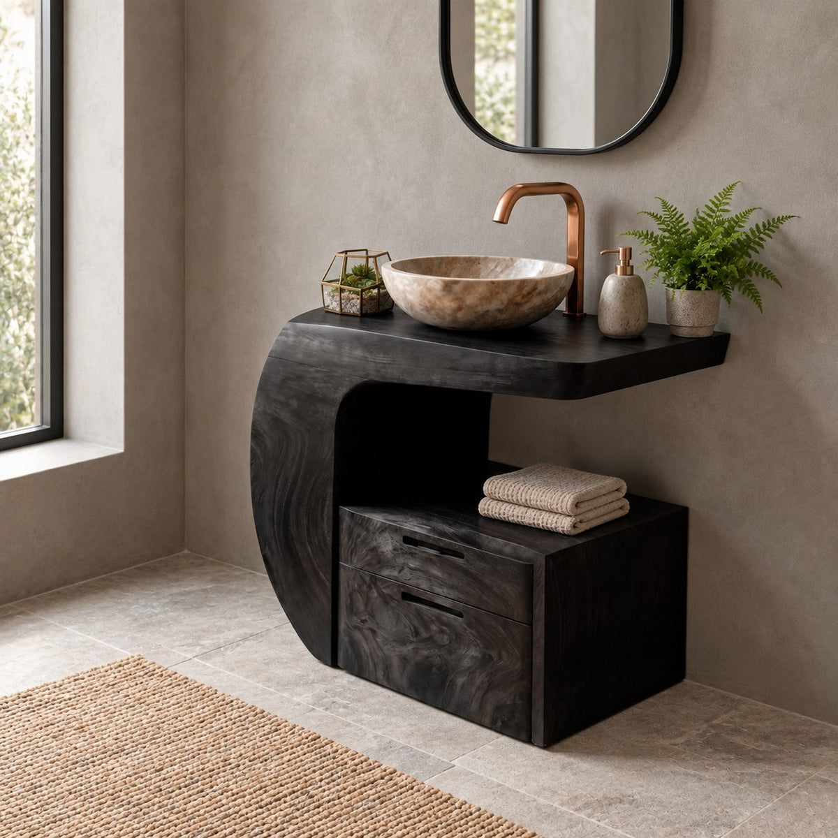 Curved Wrap Bathroom Vanity 24-48 Inch, Sculpted Solid Wood Console with Drawer Cabinet and Open Niche