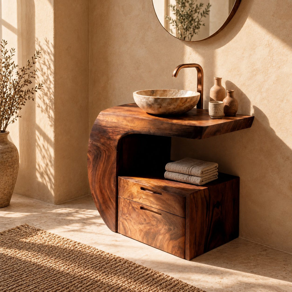 Curved Wrap Bathroom Vanity 24-48 Inch, Sculpted Solid Wood Console with Drawer Cabinet and Open Niche