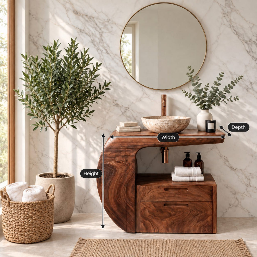 Curved Wrap Bathroom Vanity 24-48 Inch, Sculpted Solid Wood Console with Drawer Cabinet and Open Niche