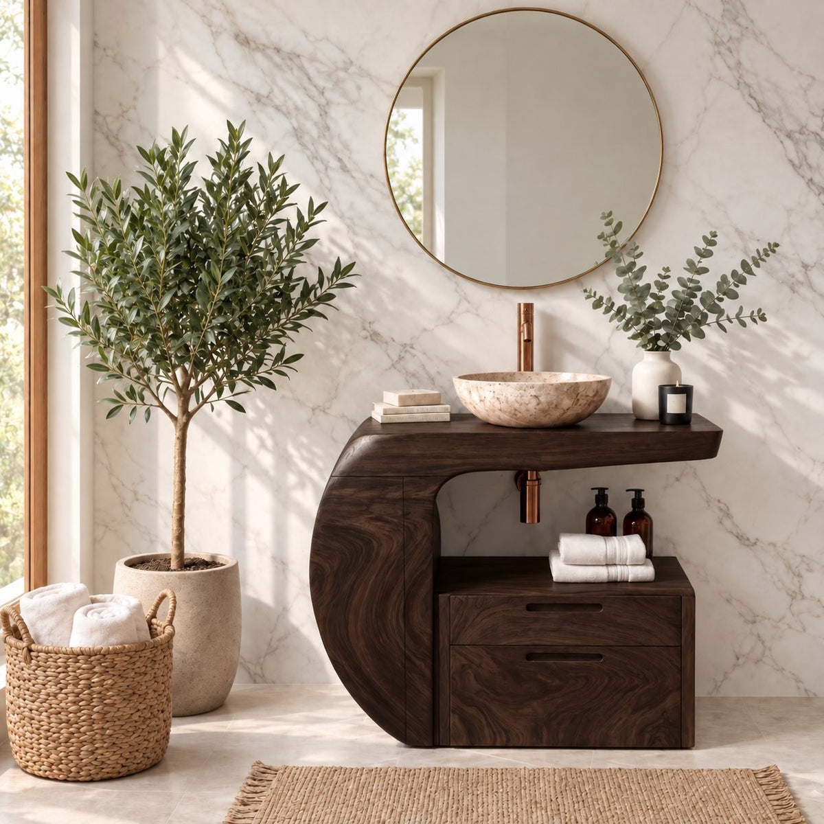 Curved Wrap Bathroom Vanity 24-48 Inch, Sculpted Solid Wood Console with Drawer Cabinet and Open Niche