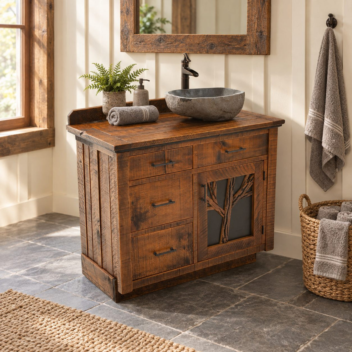Tree Branch Door Bathroom Vanity 24-36 Inch, Rustic Cabinet with Four Drawers and Raised Backsplash