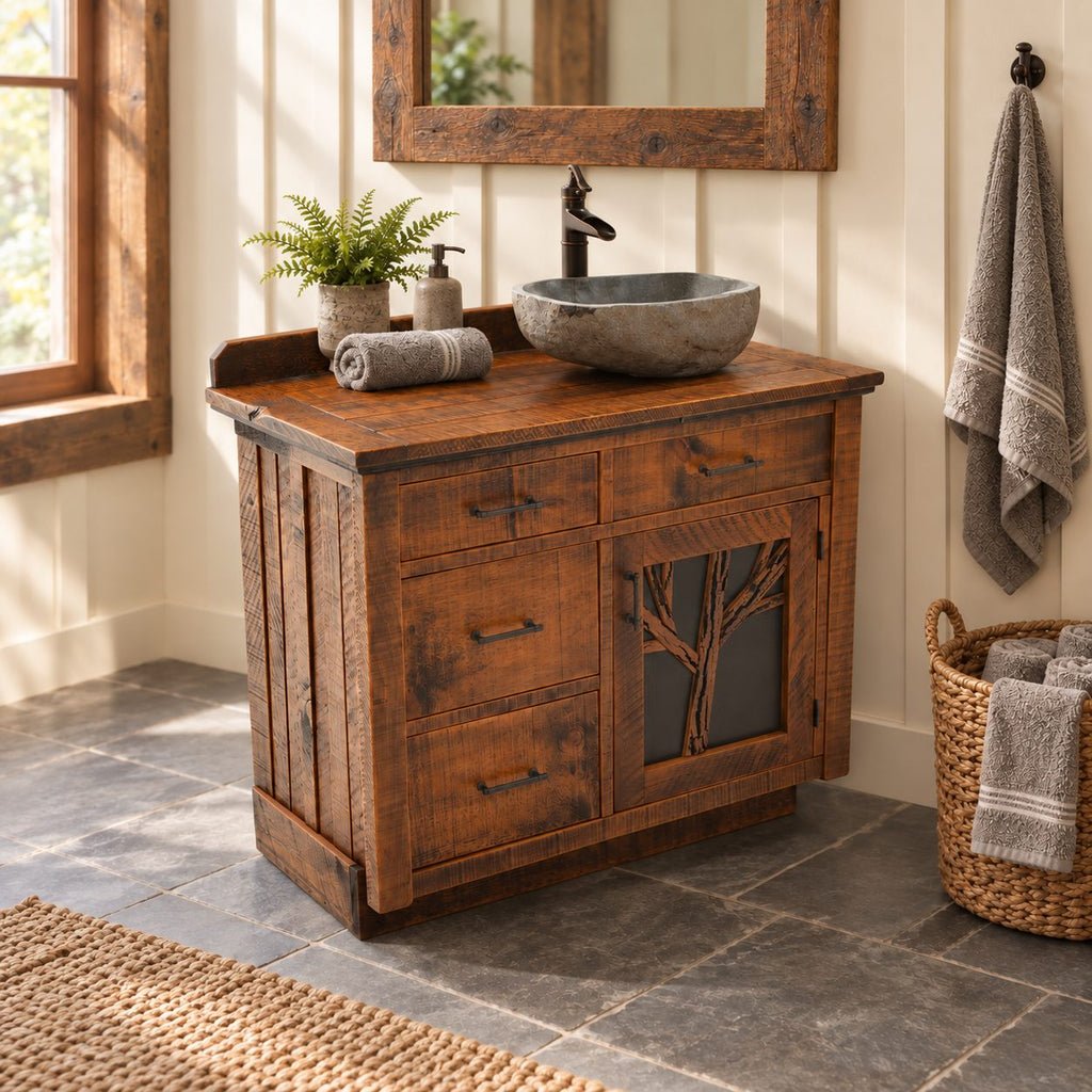 Tree Branch Door Bathroom Vanity 24-36 Inch, Rustic Cabinet with Four Drawers and Raised Backsplash