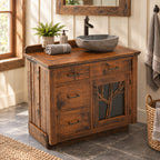 Tree Branch Door Bathroom Vanity 24-36 Inch, Rustic Cabinet with Four Drawers and Raised Backsplash