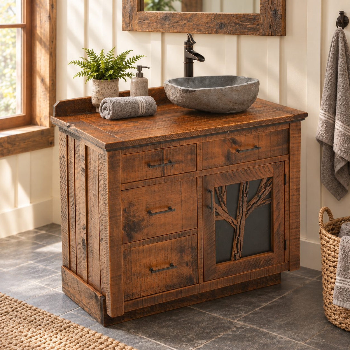 Tree Branch Door Bathroom Vanity 24-36 Inch, Rustic Cabinet with Four Drawers and Raised Backsplash