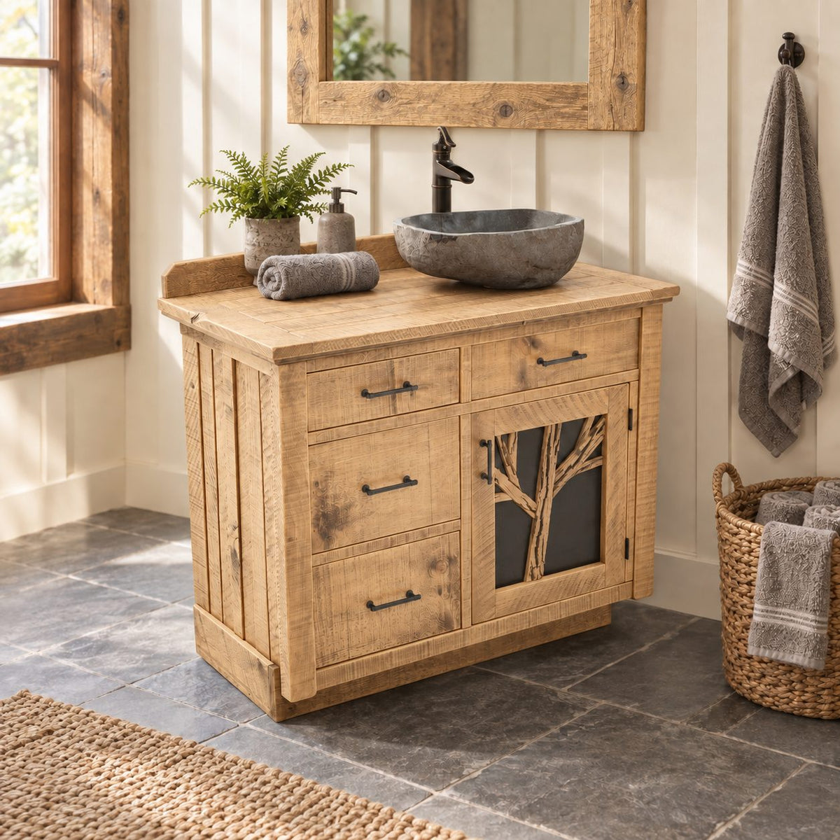 Tree Branch Door Bathroom Vanity 24-36 Inch, Rustic Cabinet with Four Drawers and Raised Backsplash