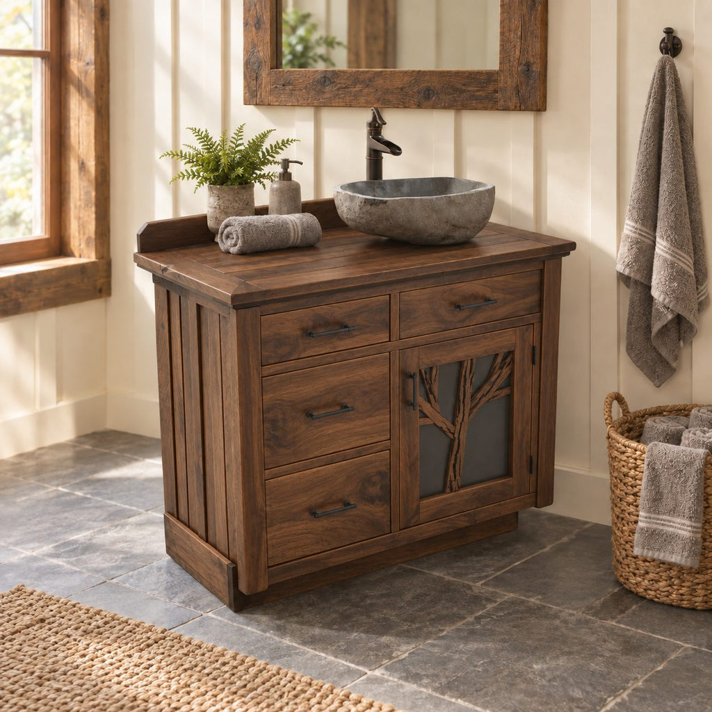 Tree Branch Door Bathroom Vanity 24-36 Inch, Rustic Cabinet with Four Drawers and Raised Backsplash