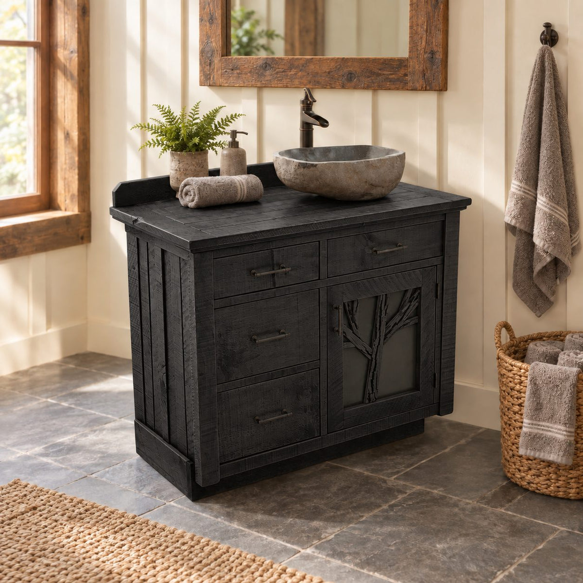 Tree Branch Door Bathroom Vanity 24-36 Inch, Rustic Cabinet with Four Drawers and Raised Backsplash
