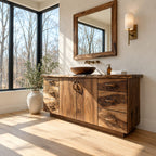 Six Drawer Live Edge Bathroom Vanity 48-72 Inch, Double Door Solid Wood Cabinet with Carved Pulls