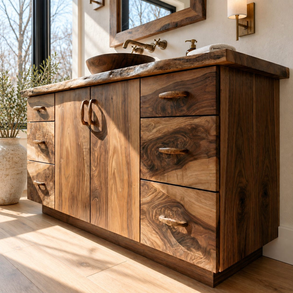 Six Drawer Live Edge Bathroom Vanity 48-72 Inch, Double Door Solid Wood Cabinet with Carved Pulls