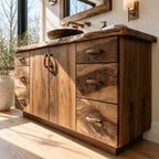 Six Drawer Live Edge Bathroom Vanity 48-72 Inch, Double Door Solid Wood Cabinet with Carved Pulls