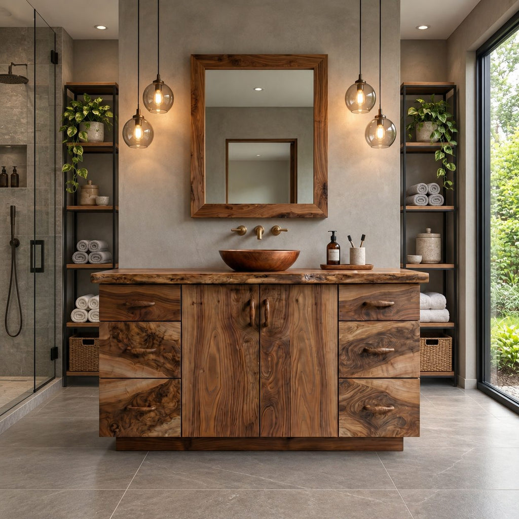 Six Drawer Live Edge Bathroom Vanity 48-72 Inch, Double Door Solid Wood Cabinet with Carved Pulls