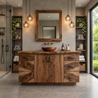 Six Drawer Live Edge Bathroom Vanity 48-72 Inch, Double Door Solid Wood Cabinet with Carved Pulls